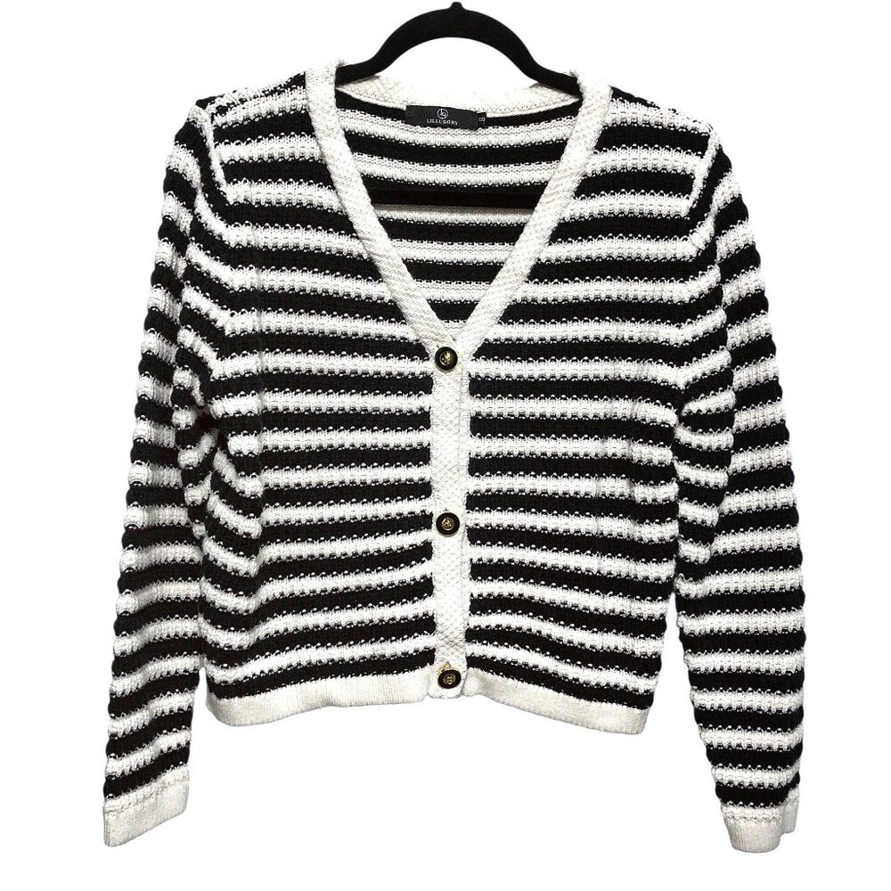 Lillusory Black White Striped V-neck Long Sleeve Sweater Top S